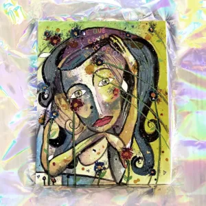 Flor se ha olvidado del color de su pelo, un cuadro chulo pintado con técnica mixta sobre tabla de madera.